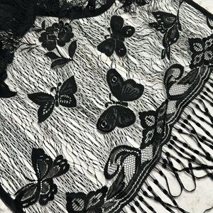 Black sheer scarf with butterflies and flowers